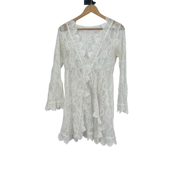 No brand Other - White Crochet V-Neck Long Bell Sleeve Sheer Swim Cover Up Beach Dress Boho Girly